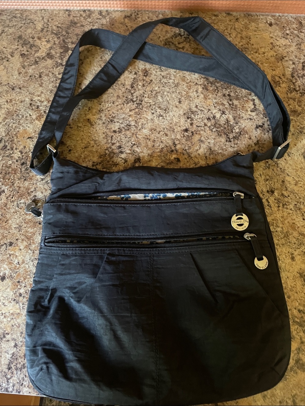 Travelon Black Nylon Crossbody Messenger Bag with Front Zip Pockets